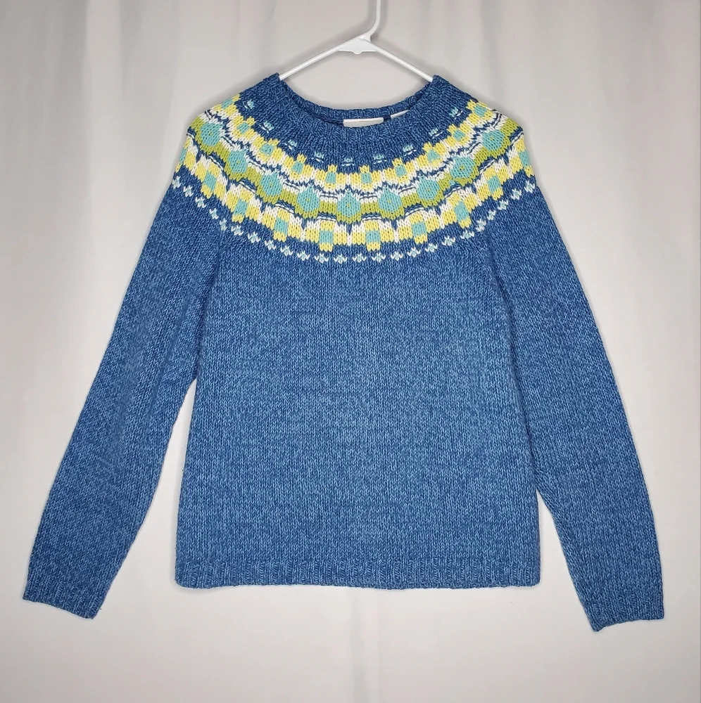 Liz‎ Claiborne 80s Fair Isle Sweater Womens Medium Blue Floral Country Cottage